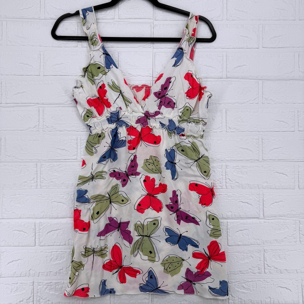 Lucy Love Mini Dress Womens Large White Butterfly Print Smocked Empire Waist